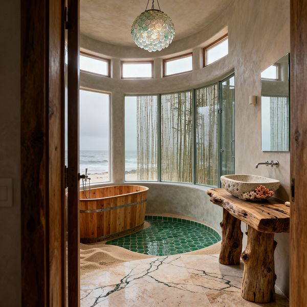 A coastal bathroom with curved windows overlooks the ocean, with tall bamboo outside the glass for privacy. Inside, a cedar soaking tub sits beside a sunken pool lined with sea-green fish-scale tiles. A live-edge wood vanity holds a carved stone vessel sink and wall-mounted faucet. The room features smooth plaster walls, a beige marble floor with green veining, and a spherical capiz-shell pendant that casts soft light.