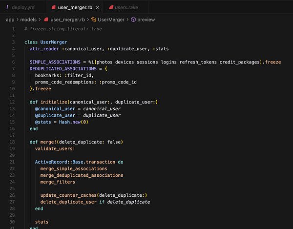 The image displays a code snippet for a Ruby class designed to merge user accounts.