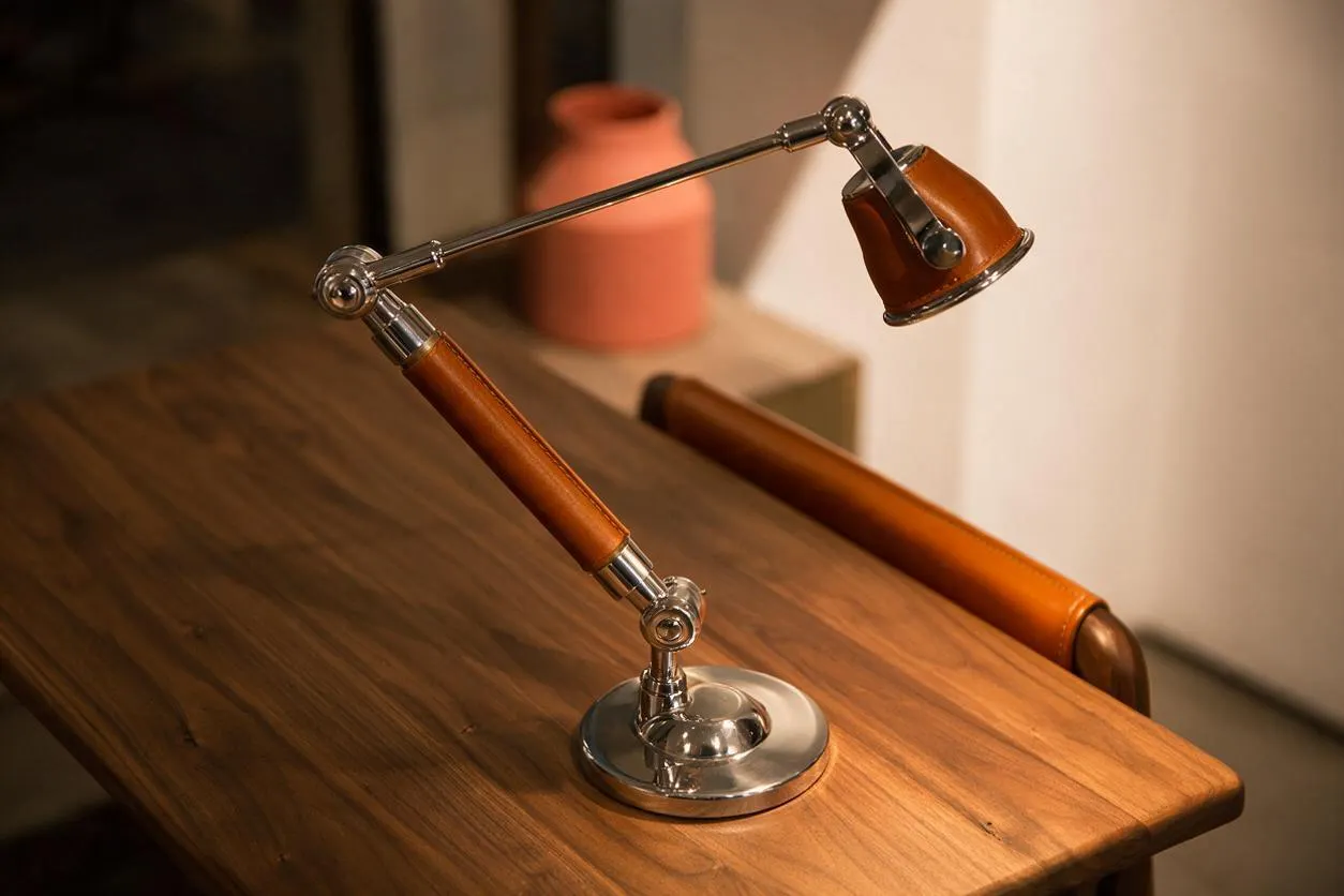 A close-up of an adjustable desk lamp with a polished chrome base and joints, brown leather-wrapped arm segments, and a small metal shade on a warm wood desk. A terracotta vase sits softly blurred in the background, creating a cozy eclectic look.