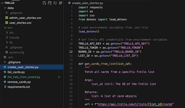 The image displays a Python script for syncing tasks between Trello and CSV files.