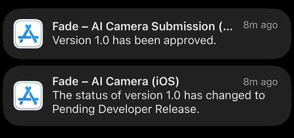 The image displays notifications regarding the approval status of the 'Fade - AI Camera' app.