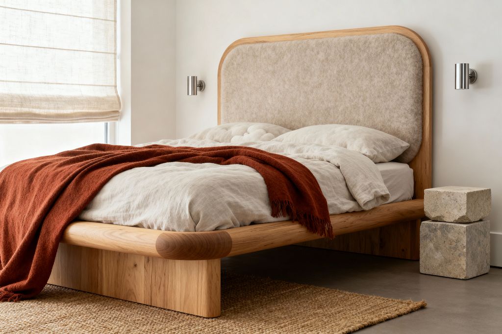 A Scandinavian bedroom with a low, rounded oak platform bed and a beige upholstered headboard. The bed is dressed in oatmeal linen sheets and pillows, topped with a rust wool throw. Sheer linen Roman shades filter daylight from a large window, while two brushed stainless-steel cylindrical sconces flank the headboard. A jute rug lies over a polished concrete floor, and two stacked pale stone blocks serve as a minimalist bedside table.