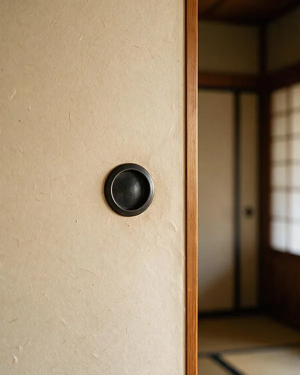 Close-up of a Japanese-style interior wall with a textured beige plaster surface, a small round black recessed pull, and a slim vertical wooden frame at the edge. In the background, a softly blurred shoji-style room with warm wood tones and pale paper panels creates a calm Zen atmosphere.
