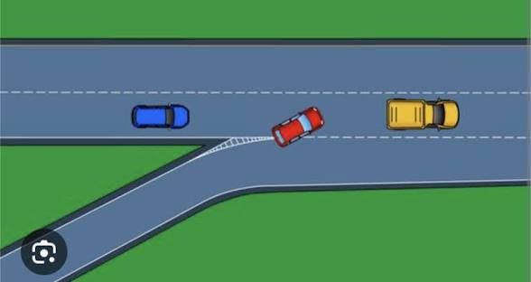Dashboard view of a Tesla Y driving on a road with a silver car merging from the right without signaling, close to an overpass on a cloudy day.