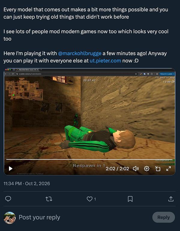 Screenshot of a video game stream on ut.pieter.com showing a character's death and respawn countdown in a first-person shooter game.