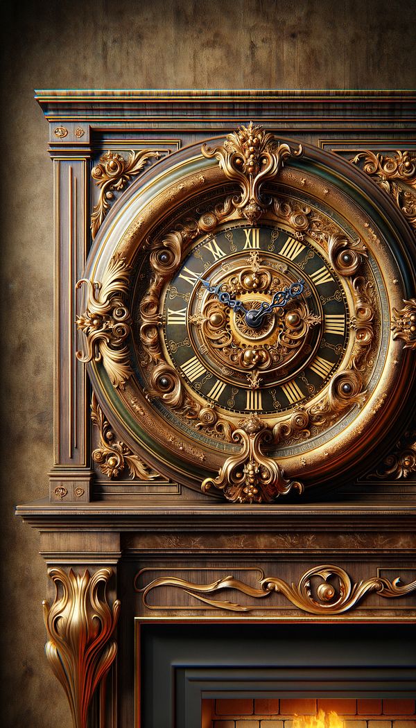 An antique bronze clock embellished with intricate ormolu designs, placed on a mantelpiece.