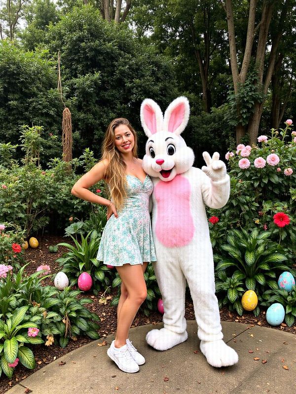 A woman poses with a costumed bunny character in a vibrant garden setting.