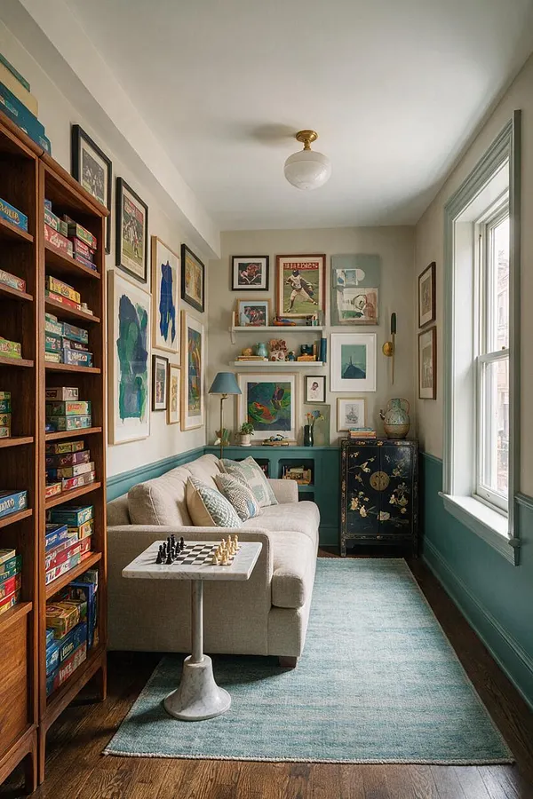 A narrow eclectic game room with a light beige sofa, a marble-top chess table, and a tall wood shelving unit filled with colorful board games. The walls are covered in framed artwork and small shelves, with teal wainscoting, a pale blue rug, dark wood floors, and a window bringing in natural light.