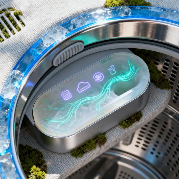 Close-up of a futuristic washing machine shows a stainless-steel drum and polished rim encircling a translucent touch control pod with neon teal wave graphics and soft purple icons. A blue LED acrylic band studded with crystal-like fragments borders a gray woven surround with vent slots, while small patches of green moss tuck into the textile, blending high-tech illumination and biophilic texture.