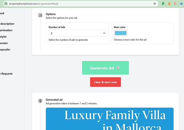 The image displays a user interface for an ad generator tool with options for ad customization.