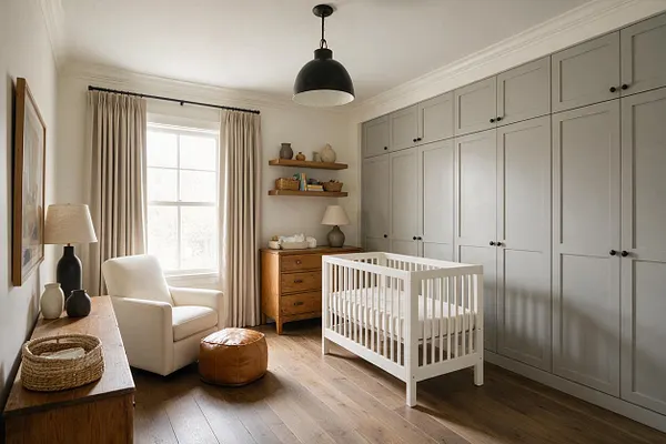 A bright transitional nursery with a white crib centered in front of full-height gray built-in cabinets. The room includes beige floor-length curtains, a white armchair, warm wood furniture, floating shelves, and a black pendant light over wide-plank wood floors.