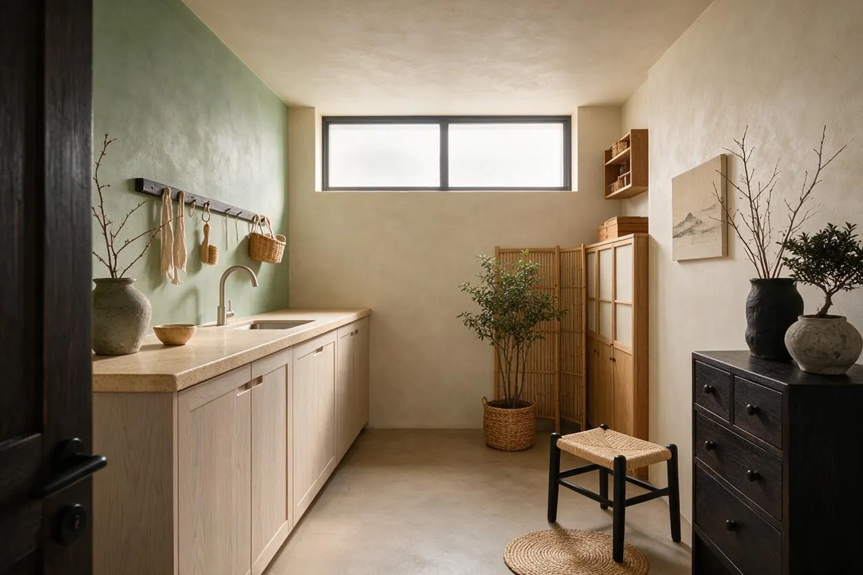 A calm Japandi-style laundry room with pale wood cabinetry, a stone-look countertop and sink along a sage green accent wall. The room includes woven baskets, a bamboo screen, potted branches, a small woven stool, and a dark wood dresser, all lit by a slim horizontal window.