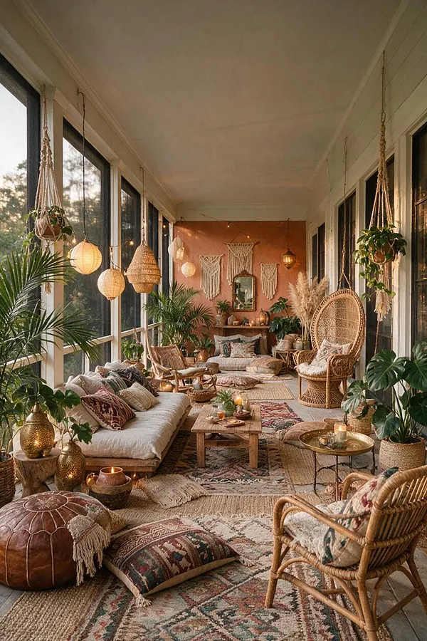 A long front porch styled as a bohemian lounge with wicker chairs, floor cushions, layered rugs, and a low wooden coffee table. Hanging planters, macramé wall decor, lantern-style lights, and many leafy plants create a cozy, warm, earthy atmosphere.