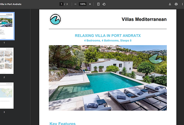 The image displays a brochure page for a villa rental in Port Andratx, featuring a swimming pool and outdoor seating area.