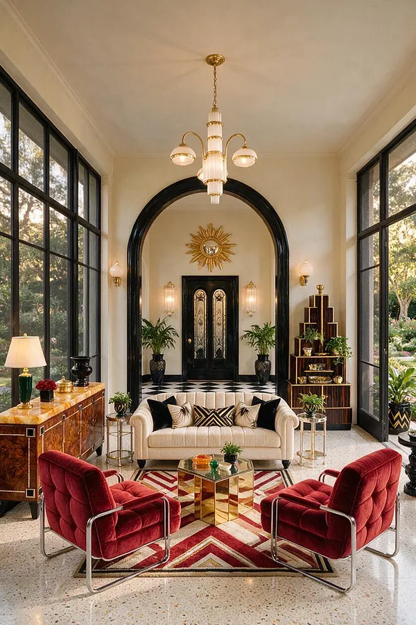 A luxurious front porch styled like an Art Deco lounge, featuring a black arched entry, cream sofa, two red velvet chairs, geometric rug, and gold-accented lighting and decor. Large black-framed windows flank the space, bringing in natural light and garden views.