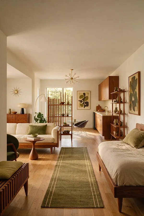 A bright studio apartment with a warm mid-century modern look, featuring a low walnut sofa and bed frame, an olive green rug, cream upholstery, and a wood-slat room divider. The open layout includes a compact kitchen, framed abstract art, sculptural lighting, and sunlight washing over light wood floors.