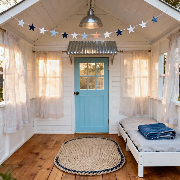 Cozy farmhouse-style kids’ room with white shiplap walls and a vaulted ceiling, centered on a sky-blue door with divided lights and a small corrugated metal awning. A galvanized dome pendant hangs above a braided oval jute rug on honey-toned wood floors; to the right sits a low white daybed with gray bedding and folded denim blankets, while sheer linen curtains on slim rods filter warm sunlight from twin windows, and a strand of blue and white star garland stretches across the ceiling.