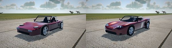 Side-by-side comparison of two red roadster cars on a flat, open concrete area with grassy land and a partly cloudy sky.