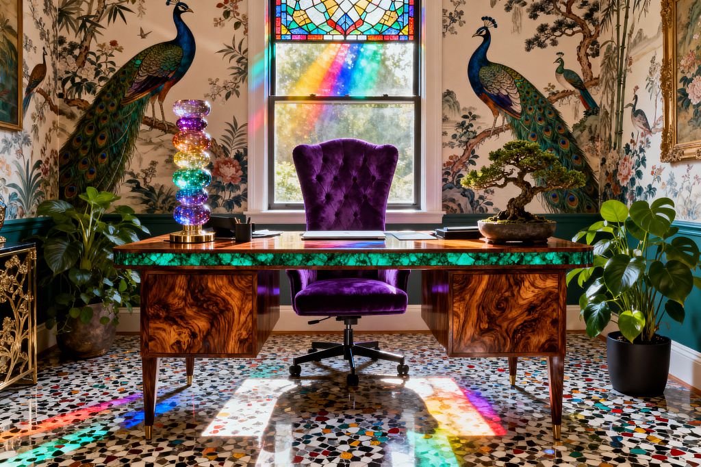 A maximalist home office features a burl-wood desk with a vivid green malachite top facing a window beneath a stained-glass transom that casts rainbow light onto a multicolored terrazzo floor. A tufted purple velvet chair sits center stage, flanked by chinoiserie wallpaper with large peacocks, deep teal wainscoting, a brass-base lamp of stacked colored glass orbs, a bonsai on the desk, and potted monstera plants.