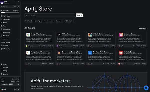 Screenshot of a user registration form on Apify Console webpage with various input fields and options.