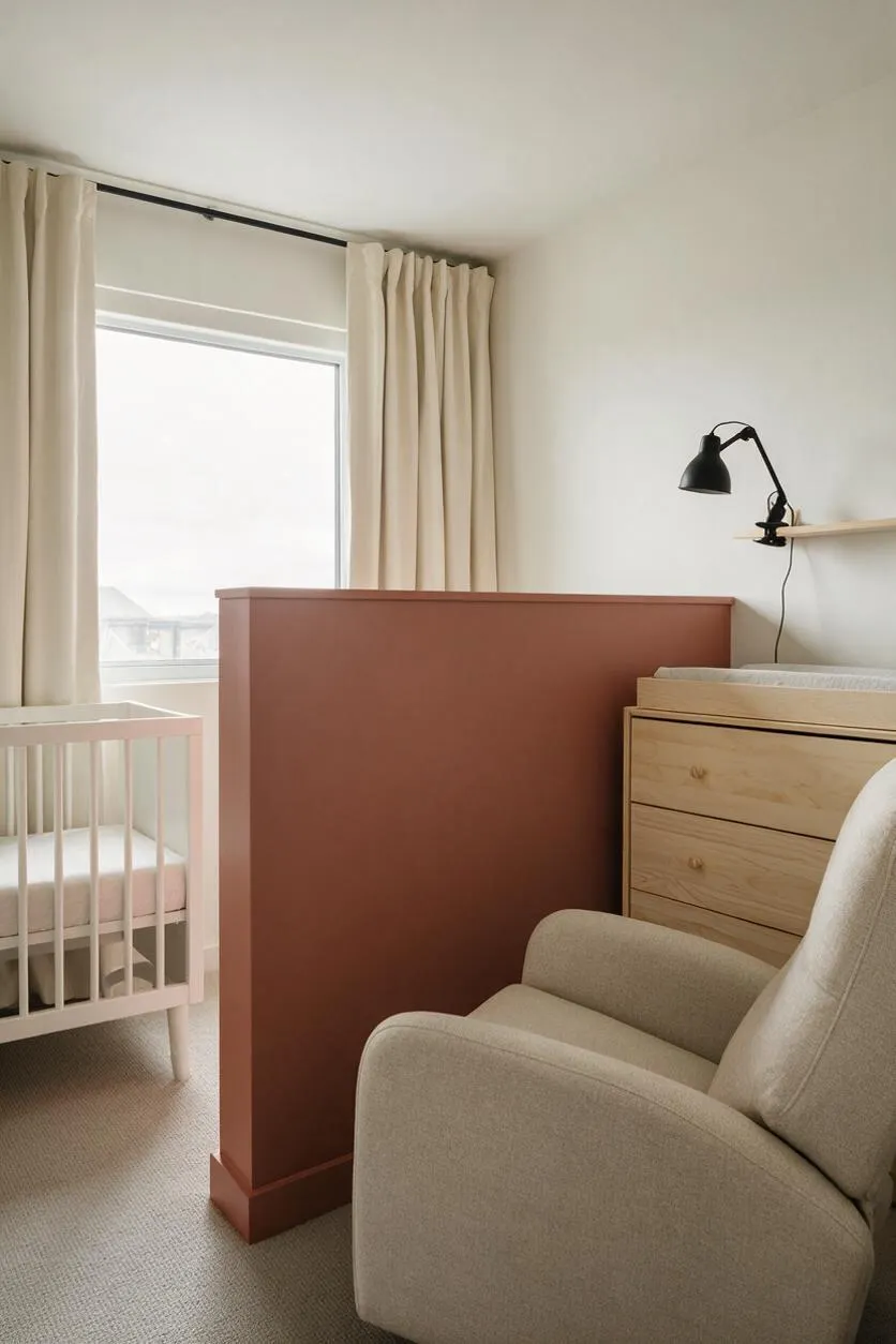 A modern nursery with a white crib near a large window dressed in cream curtains, a terracotta-colored divider panel, a light wood dresser with a changing top, and a beige upholstered rocking chair. A black wall lamp and soft neutral carpet complete the calm, minimalist space.