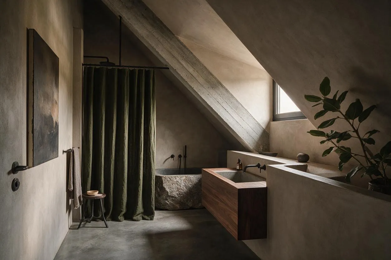 A dramatic master bathroom with sloped concrete ceilings, smooth plaster walls, and a deep stone bathtub tucked beneath a skylight. A wood vanity with a built-in sink, dark green curtain, and sparse black fixtures add warmth and contrast to the muted neutral interior.