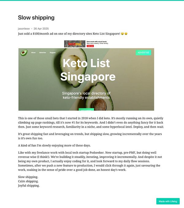 The image features a blog post about slow shipping, highlighting a directory site for keto-friendly establishments in Singapore.