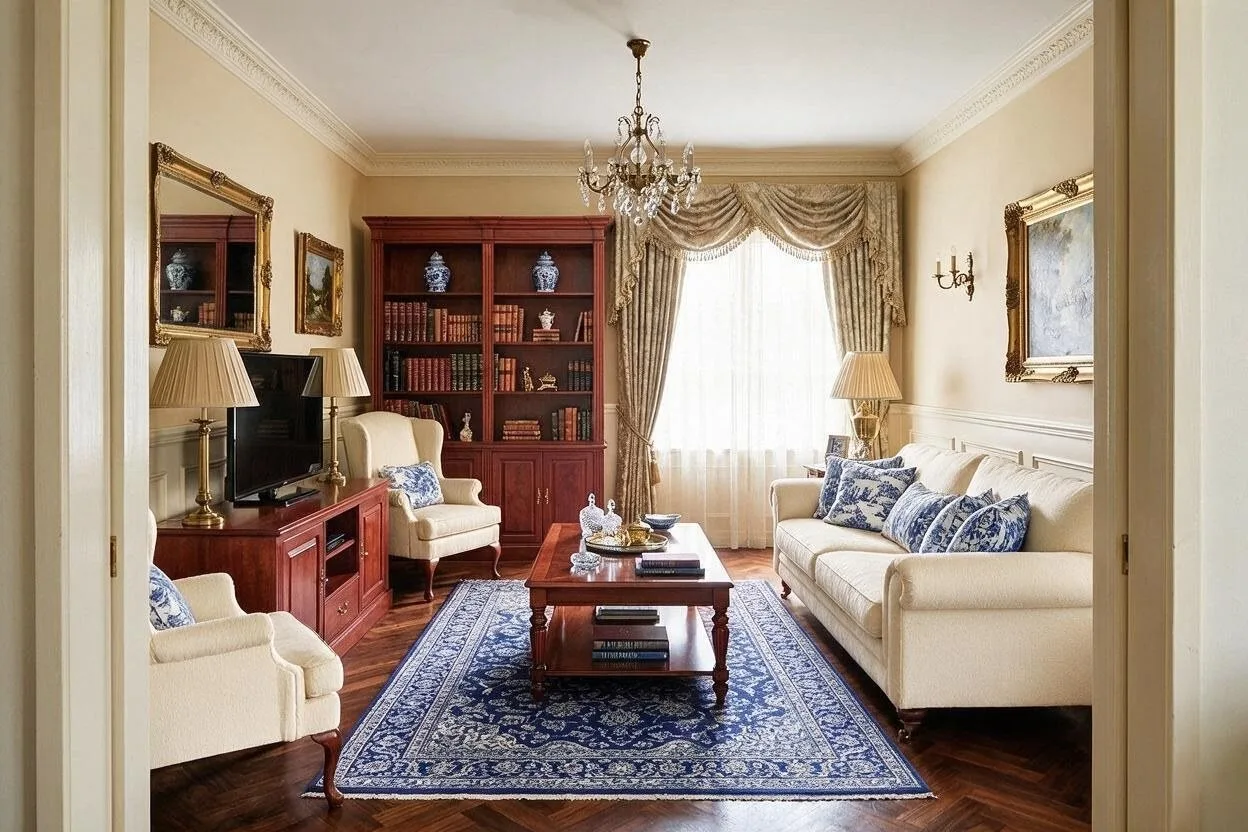 The same Traditional living room in the Warm Neutral palette: warm beige, ivory, cherry, delft blue, and antique brass