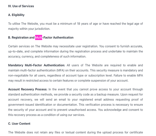 The image displays a section of terms and conditions regarding user eligibility and mandatory multi-factor authentication for a website.