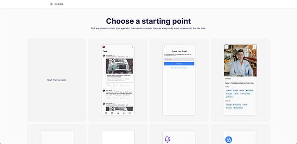 The image displays a user interface for selecting starting templates for an app.