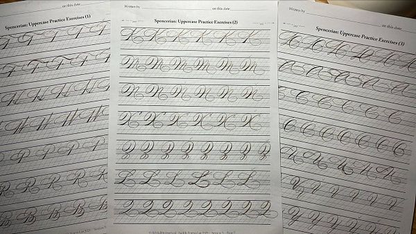 The image displays three sheets of calligraphy practice exercises focusing on uppercase letters.