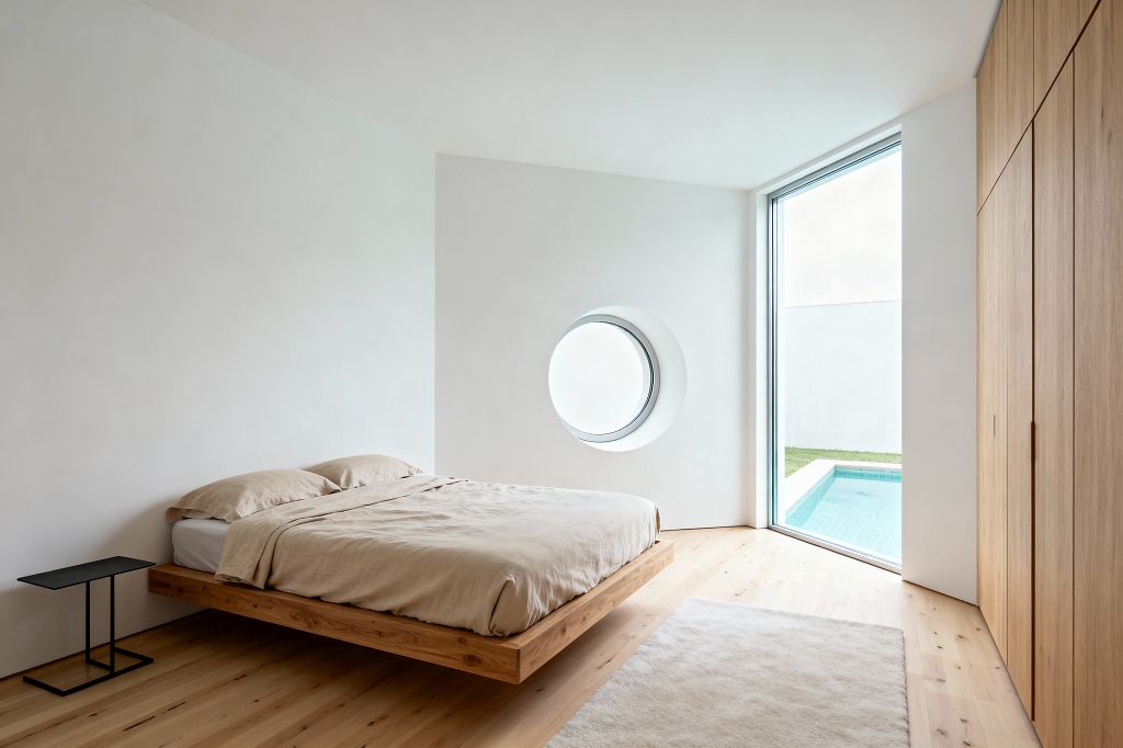 A minimalist bedroom with a floating oak platform bed dressed in beige linen, a slim black metal side table, and white walls. A round porthole-style window and a tall floor-to-ceiling glazed opening bring in daylight and reveal a small pool and strip of lawn outside. Built-in oak wardrobes line the right wall, while pale plank flooring and a soft ivory rug warm the space. The room is uncluttered, with clean lines and a calm, neutral palette.
