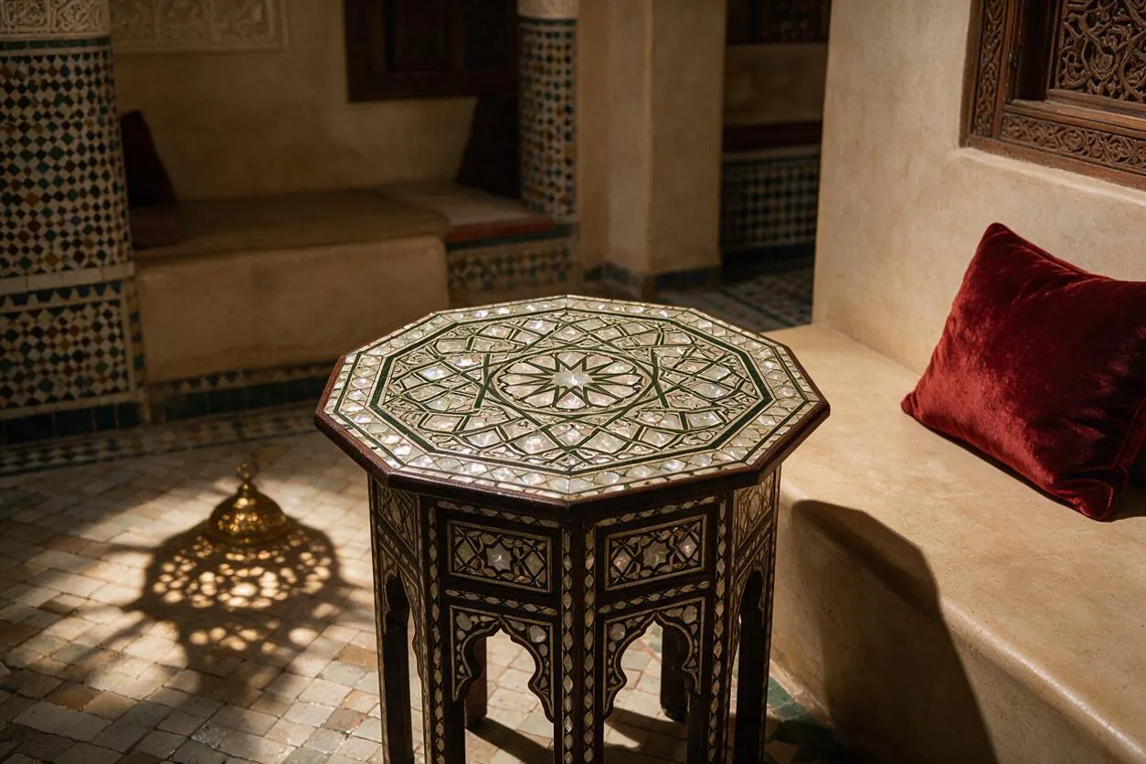 An octagonal Moroccan side table with intricate mother-of-pearl and geometric inlay stands on a tiled floor beside a beige plaster bench with a deep red velvet cushion. Warm light casts a patterned shadow from a brass lantern, highlighting the carved details and mosaic surfaces.