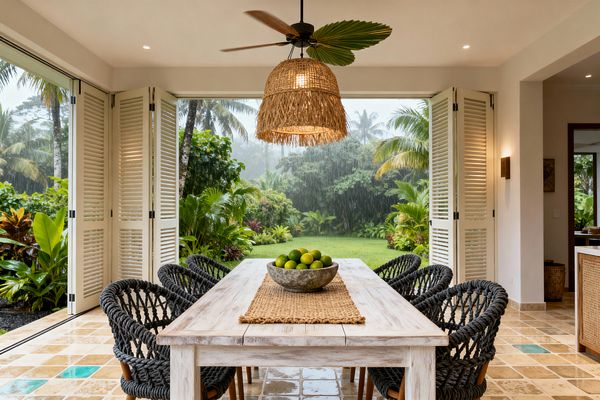 An open tropical dining room with folding louvered doors opens to a lush garden during rainfall. A whitewashed wood table sits on tan and turquoise tiled flooring, surrounded by charcoal rope-woven chairs with wooden legs. A jute runner and a stone bowl filled with green limes center the table. Overhead, a woven rattan pendant and a wood-blade ceiling fan hang from a white ceiling with recessed lights, while a simple wall sconce accents one side.