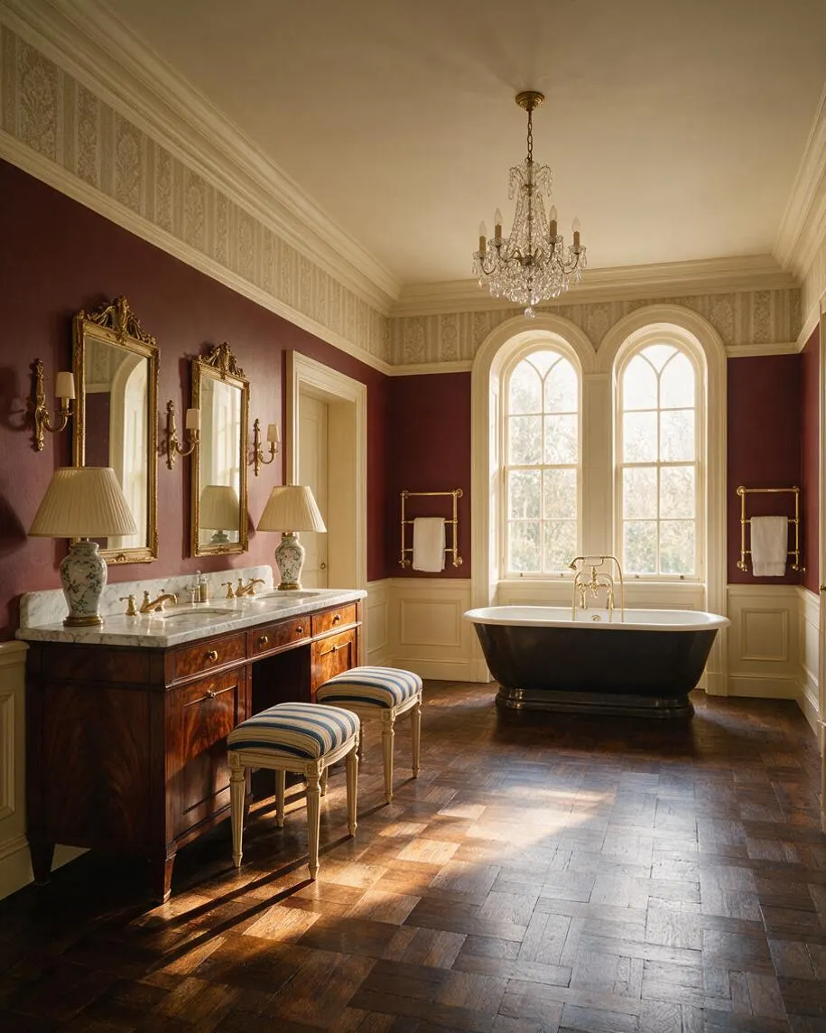 A traditional master bathroom with deep burgundy walls, a dark wood vanity with a marble countertop, and two ornate mirrors above it. The room features a freestanding black soaking tub beneath tall arched windows, a crystal chandelier, striped upholstered stools, and a warm parquet wood floor.