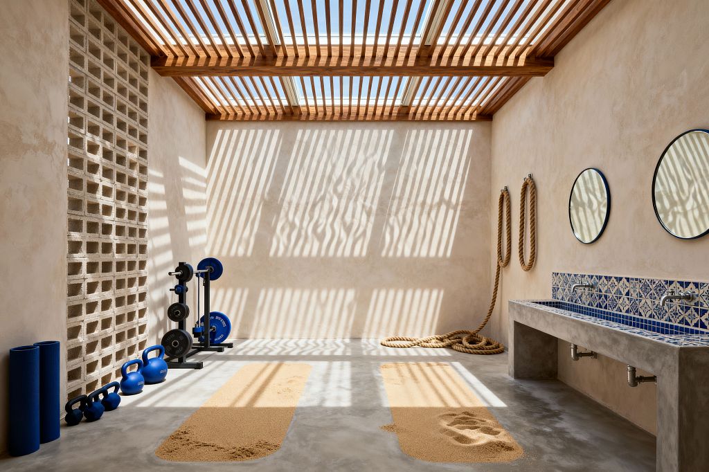 A bright home gym features a slatted wood skylight casting striped shadows across warm plaster walls and a polished concrete floor. At left are a breeze-block wall, rolled blue mats, kettlebells, and a barbell rack with blue plates. Two recessed sand lanes run along the floor. At right, thick battle ropes hang beside a long concrete trough sink edged in blue-and-white patterned tile with two round mirrors above, creating an airy, beach-inspired space.