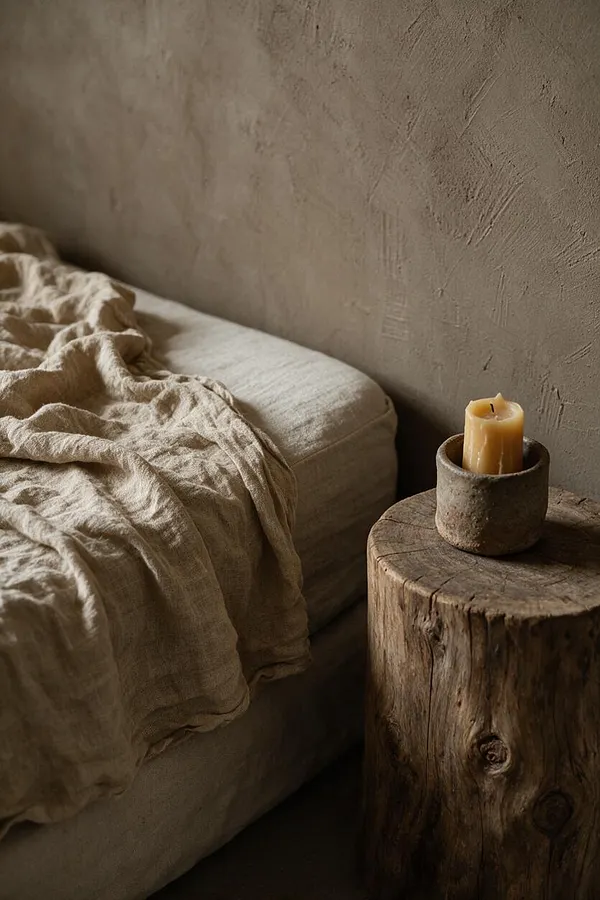 A quiet Wabi-Sabi bedroom vignette with a low upholstered bed dressed in rumpled beige linen beside a raw wood stump side table. A small candle in a rustic stone holder sits on top, set against a textured taupe plaster wall.