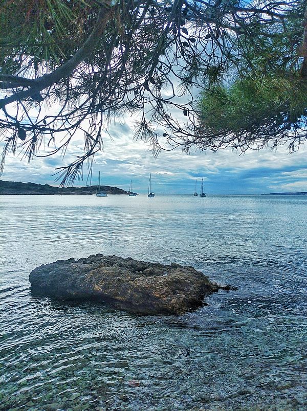 A serene coastal scene featuring a rocky outcrop and sailboats in the distance.