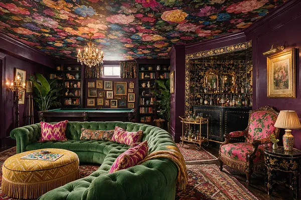 A richly decorated game room with a deep purple room, a multicolor floral ceiling, and a green velvet sectional surrounding a round ottoman. The space includes a pool table at the back, built-in bookshelves, framed artwork, a mirrored bar with gold accents, and pink floral accent chairs, all lit by a crystal chandelier and warm lamps.