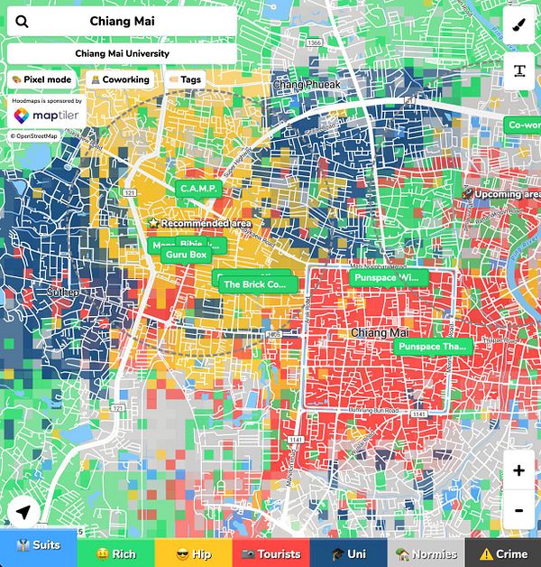 Map interface labeled 'Coworking' showing various location markers of coworking spaces in a city area.