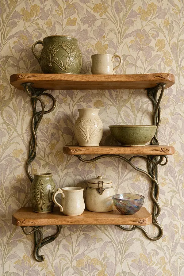 A decorative wall vignette with three natural wood shelves supported by twisting metal brackets. The shelves hold several ceramic mugs, bowls, and jars in muted green, cream, and iridescent tones against soft floral wallpaper.