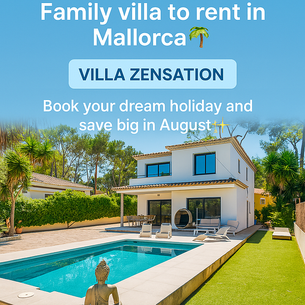 A modern family villa in Mallorca with a pool and lush greenery.