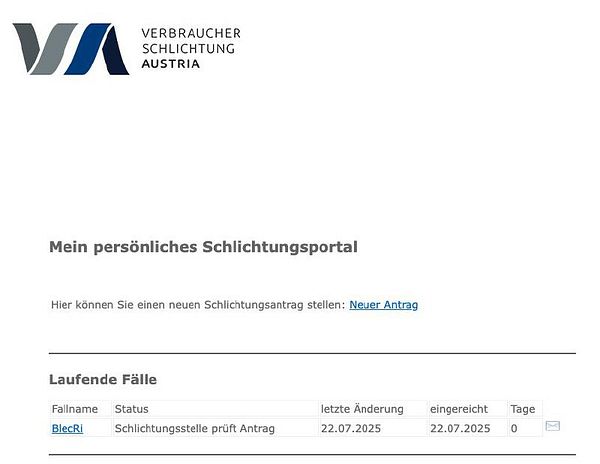 The image displays a personal settlement portal interface from the Austrian consumer arbitration service.