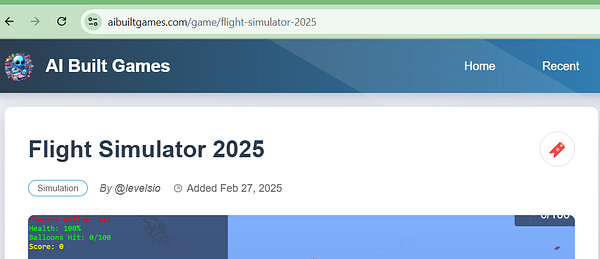 The image displays a webpage for the game 'Flight Simulator 2025' on the AI Built Games platform.