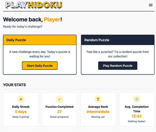The image displays a homepage view for logged-in users of the Hidoku puzzle game.