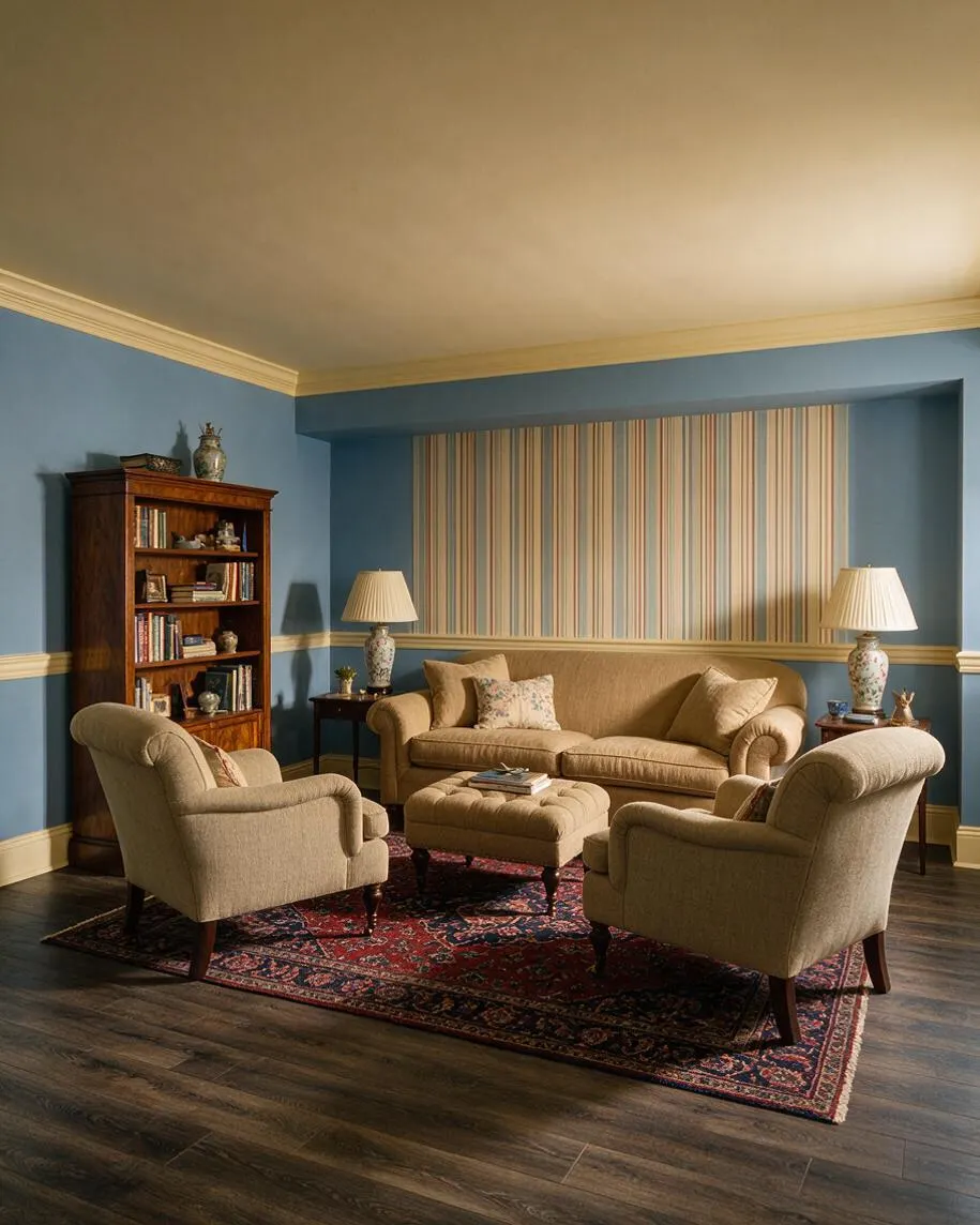 A traditional basement sitting room with blue walls, cream crown molding, and dark wood flooring. The space features a beige sofa, two matching armchairs, a tufted ottoman, a red patterned area rug, a wooden bookcase, and two floral table lamps flanking a striped accent wall panel.