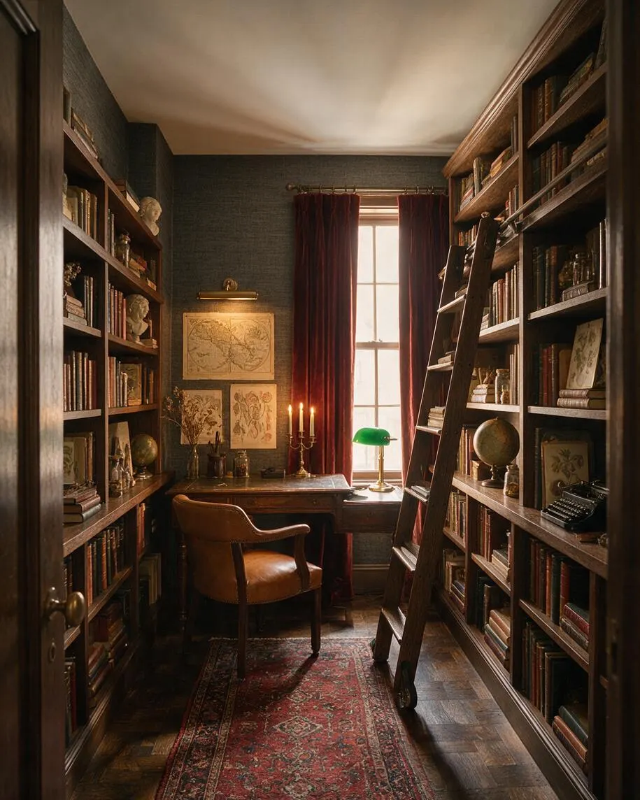 A narrow dark academia home office with floor-to-ceiling wooden bookshelves on both sides, filled with books, globes, busts, and vintage objects. A wooden desk sits at the back beneath a tall window with burgundy curtains, lit by a green banker’s lamp and wall sconce, with a leather chair and patterned rug on the floor.