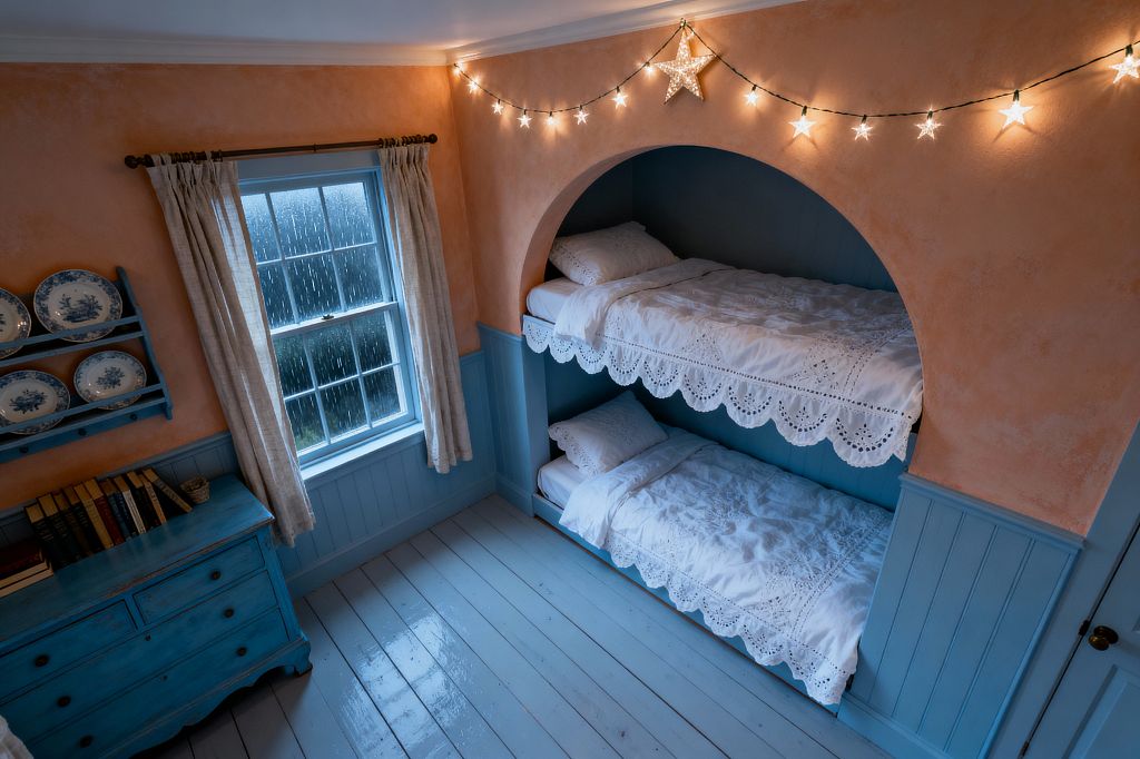 A cozy kids’ room features built-in bunk beds tucked into a powder-blue arched alcove, each dressed in white cotton eyelet bedding. Peach-toned plaster walls with matching blue beadboard wainscoting and painted floorboards set a rustic French Country mood, warmed by star-shaped string lights. A rain-streaked sash window with natural linen curtains sits beside a distressed blue dresser and a wall plate rack holding blue-and-white china, with books stacked along the top.