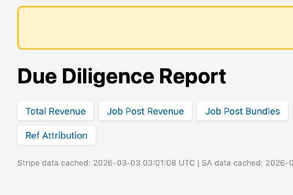 Screenshot of a due diligence report page detailing company information, metrics, and documents in a toggle interface.