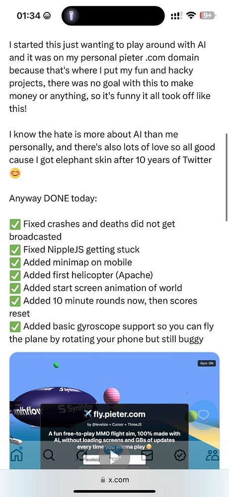 A social media post detailing updates made to a personal project related to an AI-driven flight simulation game.